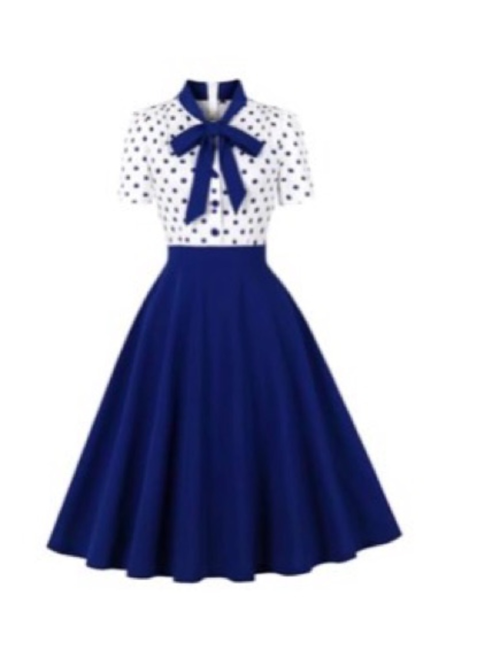 Retro Polka Dot Bow Midi Dress in Navy and White